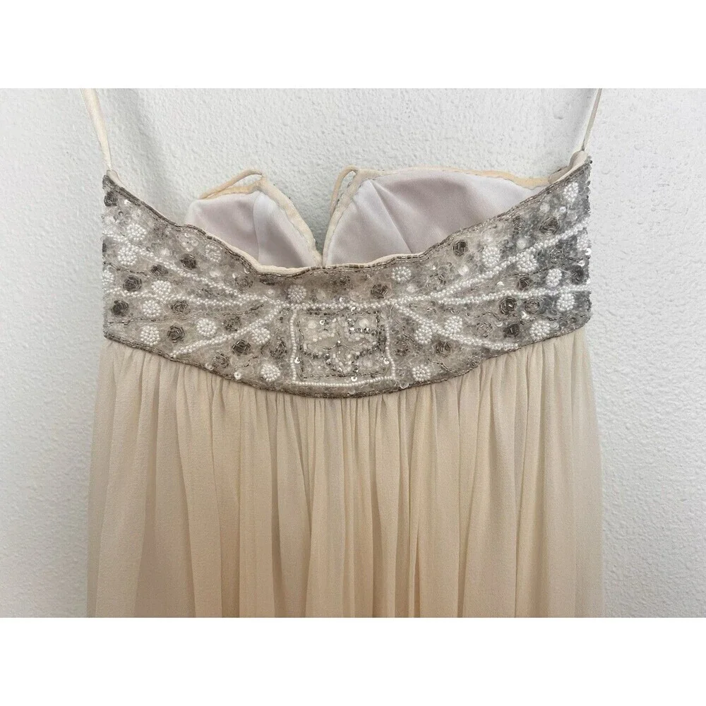 VTG Mac Duggal Couture Sequin Beaded Silk Dress XS Empire Waist Baby Doll
